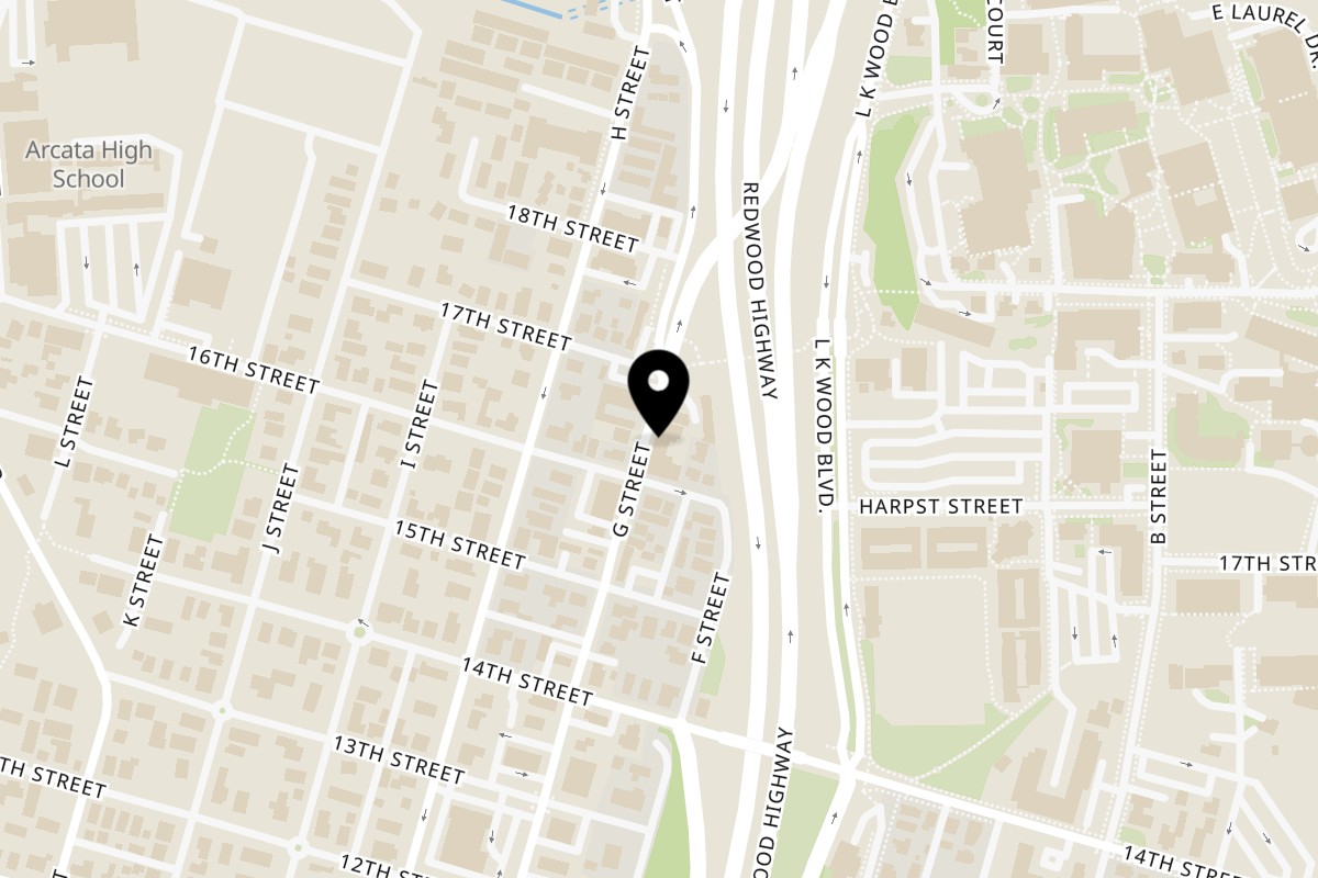 Map showing the location of Hey Juan Burritos on 1642 1/2 G St in Arcata